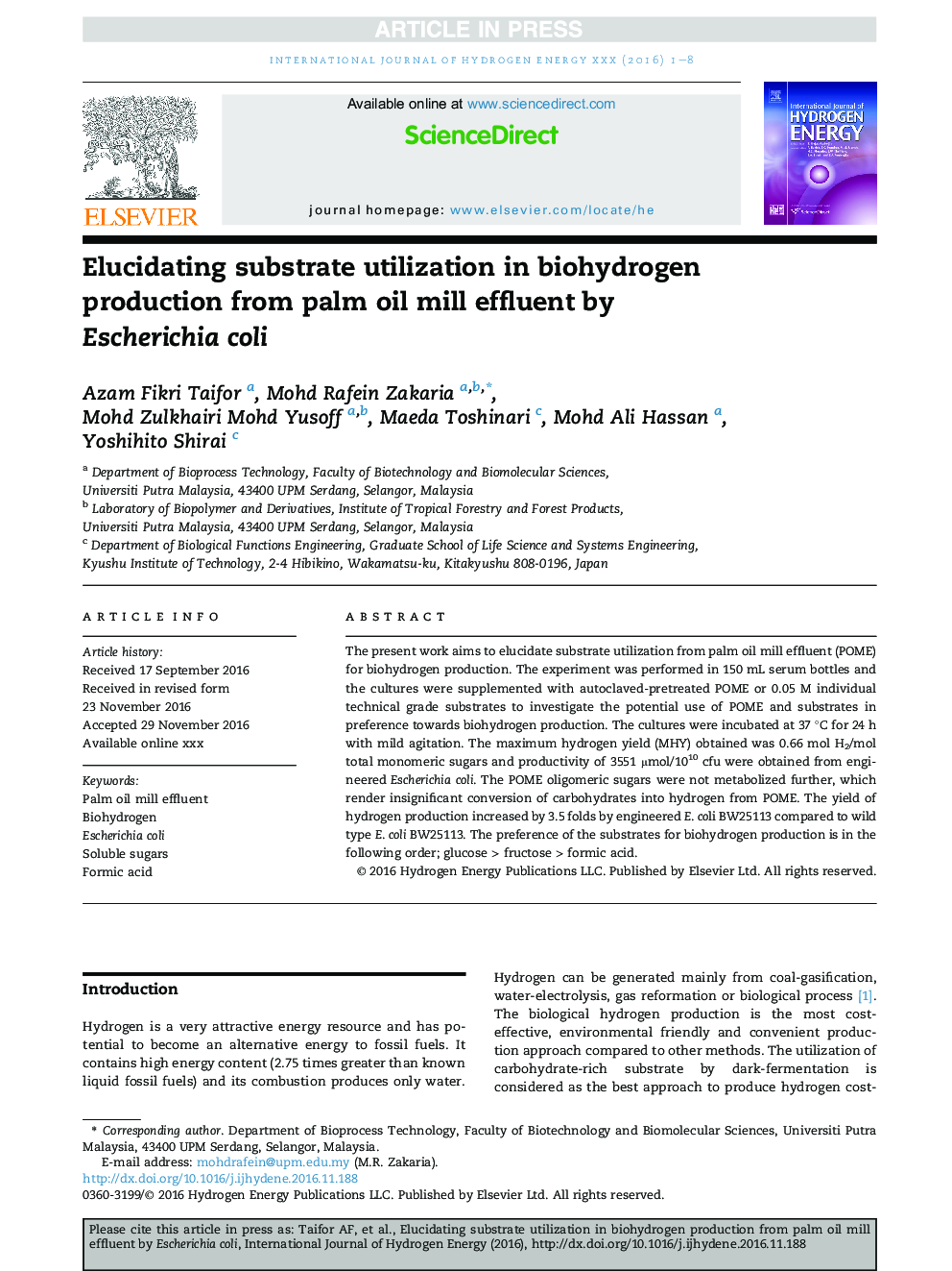 Elucidating substrate utilization in biohydrogen production from palm oil mill effluent by Escherichia coli