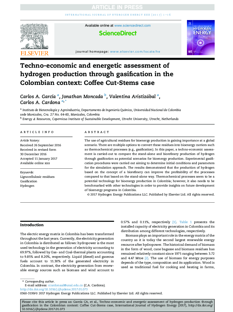 Techno-economic and energetic assessment of hydrogen production through gasification in the Colombian context: Coffee Cut-Stems case