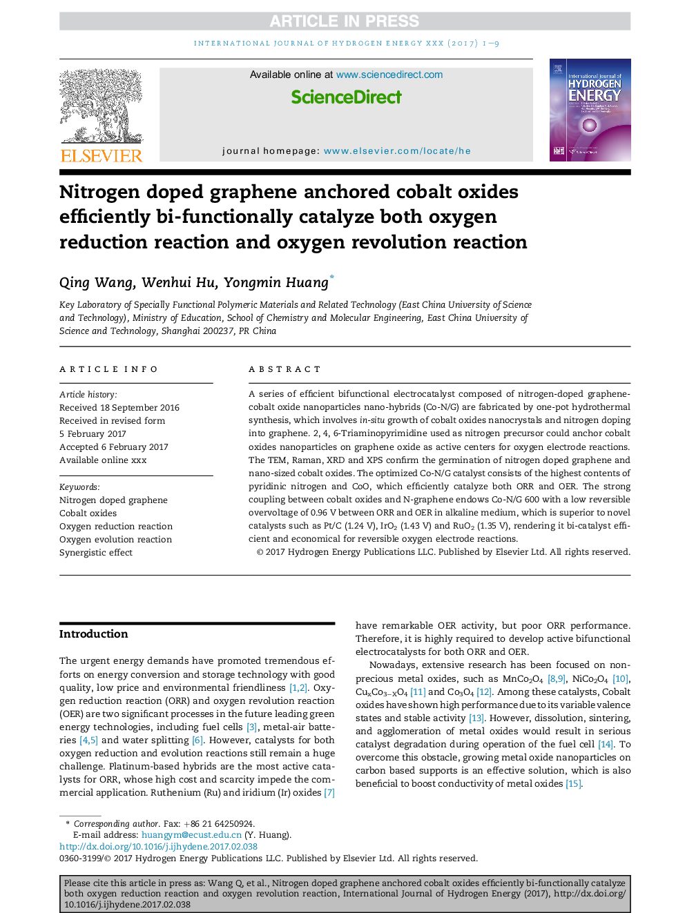 Nitrogen doped graphene anchored cobalt oxides efficiently bi-functionally catalyze both oxygen reduction reaction and oxygen revolution reaction