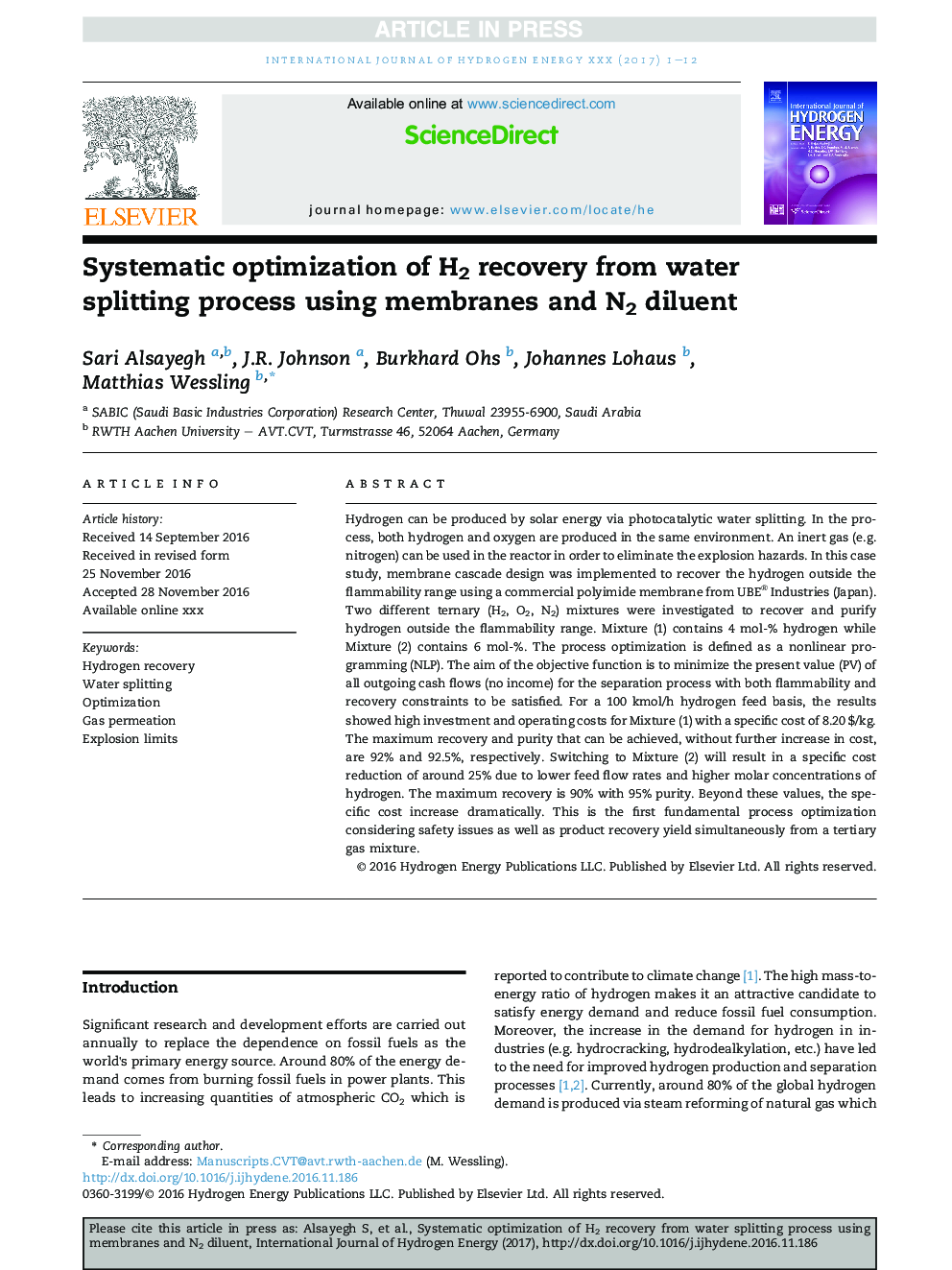 Systematic optimization of H2 recovery from water splitting process using membranes and N2 diluent