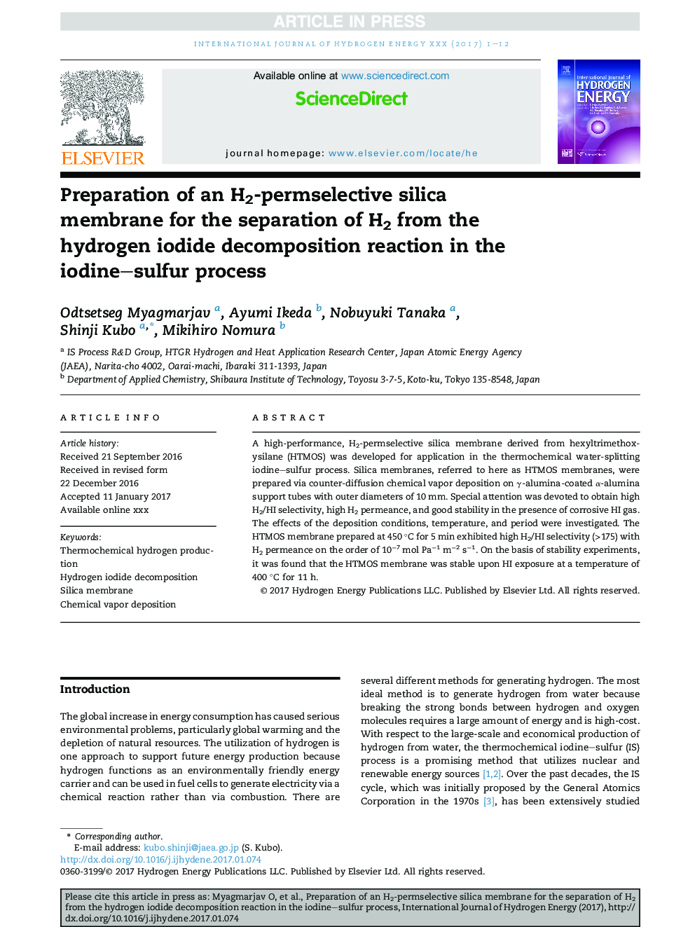 Preparation of an H2-permselective silica membrane for the separation of H2 from the hydrogen iodide decomposition reaction in the iodine-sulfur process