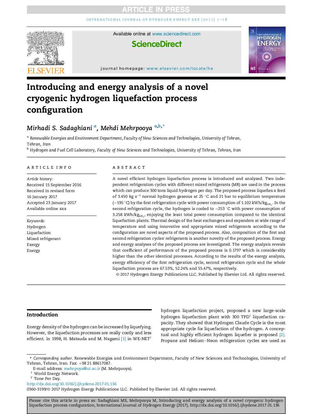 Introducing and energy analysis of a novel cryogenic hydrogen liquefaction process configuration