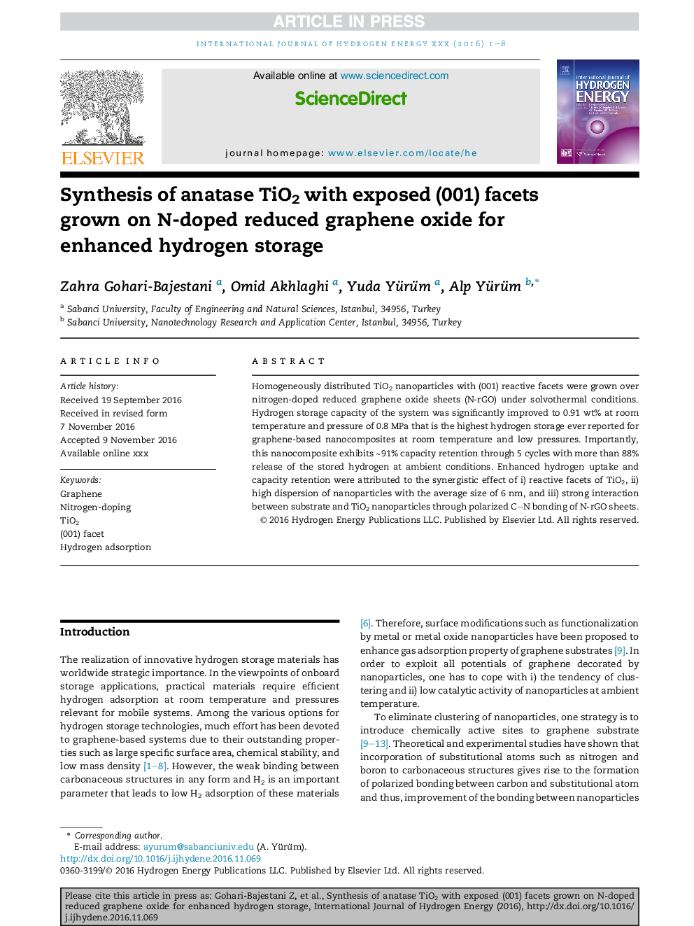 Synthesis of anatase TiO2 with exposed (001) facets grown on N-doped reduced graphene oxide for enhanced hydrogen storage