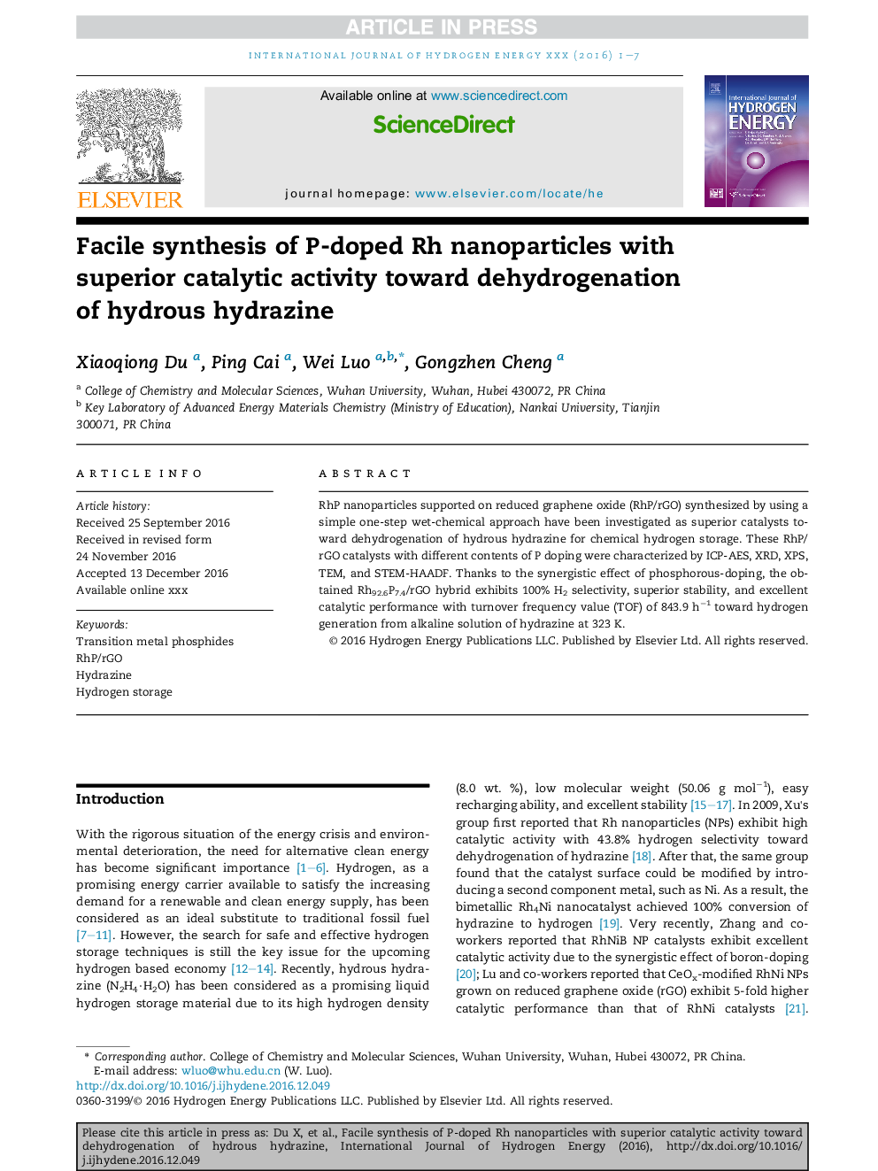 Facile synthesis of P-doped Rh nanoparticles with superior catalytic activity toward dehydrogenation of hydrous hydrazine