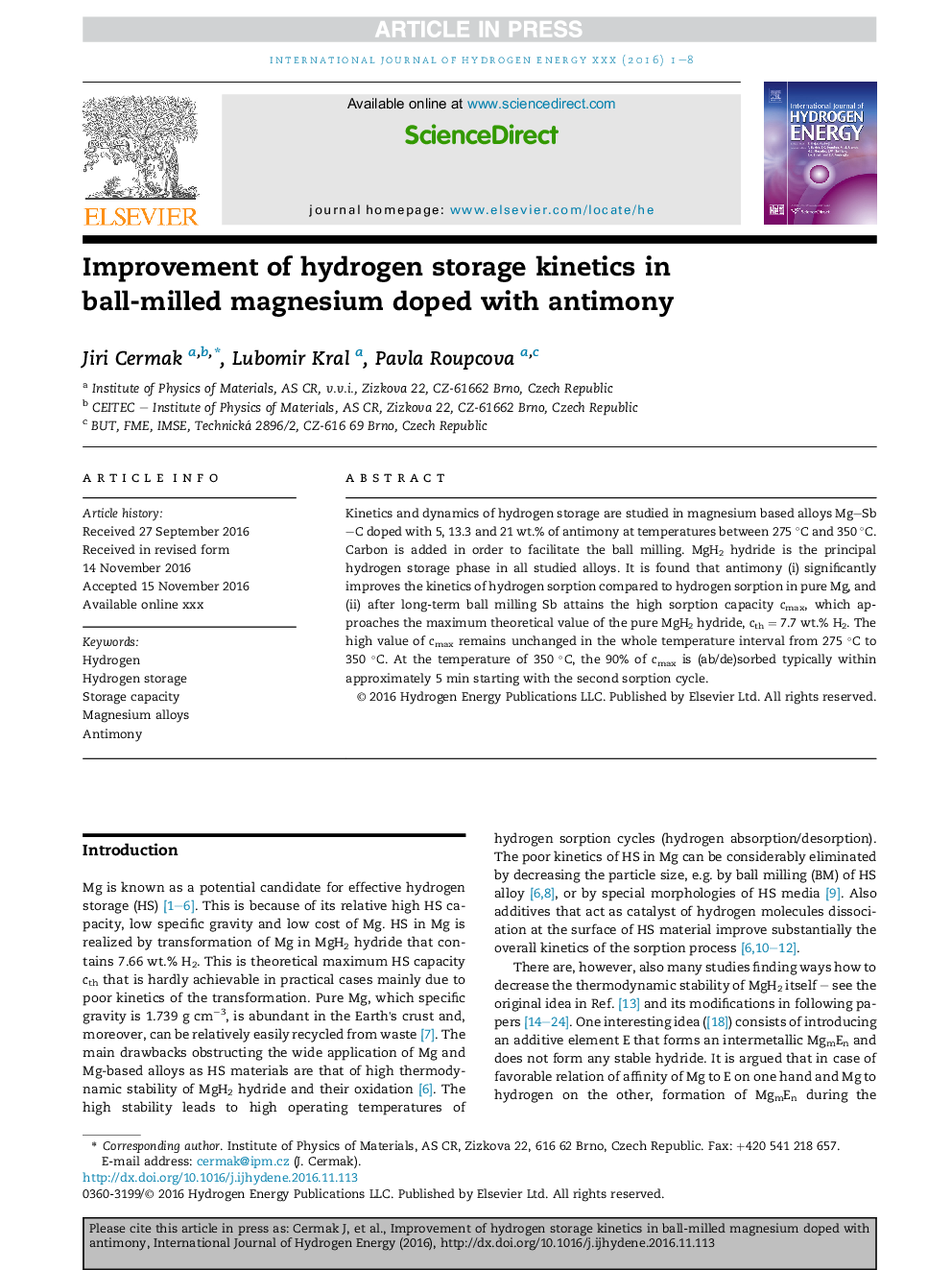 Improvement of hydrogen storage kinetics in ball-milled magnesium doped with antimony