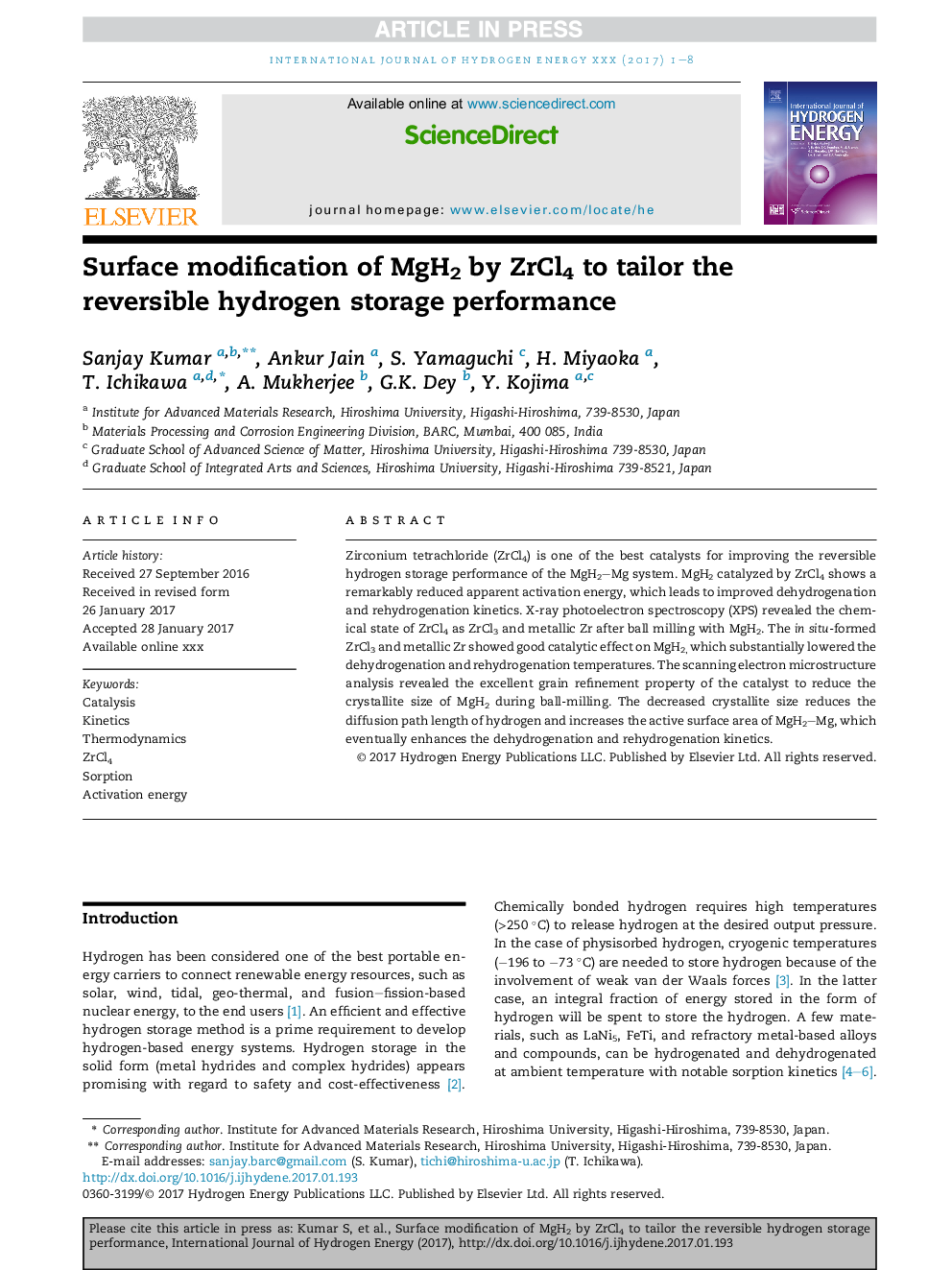 Surface modification of MgH2 by ZrCl4 to tailor the reversible hydrogen storage performance