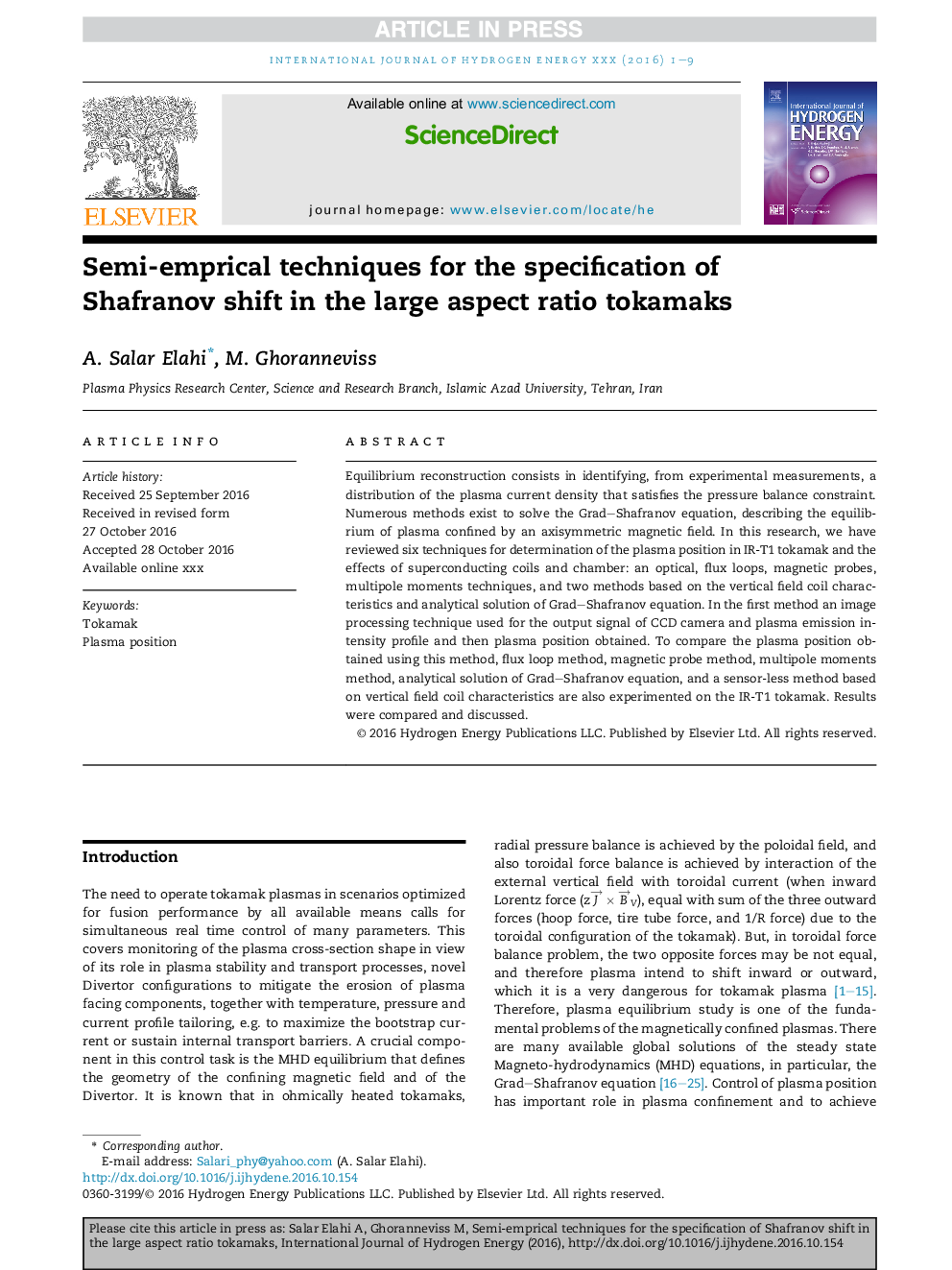 RETRACTED: Semi-emprical techniques for the specification of Shafranov shift in the large aspect ratio tokamaks