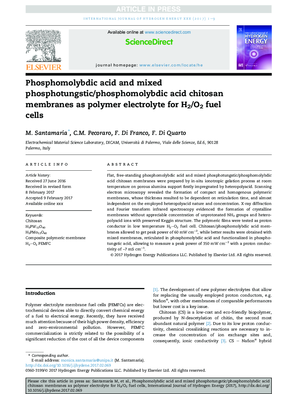 Phosphomolybdic acid and mixed phosphotungstic/phosphomolybdic acid chitosan membranes as polymer electrolyte for H2/O2 fuel cells