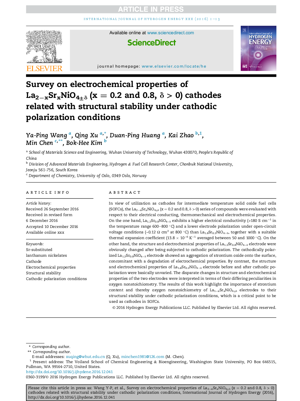 Survey on electrochemical properties of La2âxSrxNiO4Â±Î´ (xÂ =Â 0.2 and 0.8, Î´Â >Â 0) cathodes related with structural stability under cathodic polarization conditions