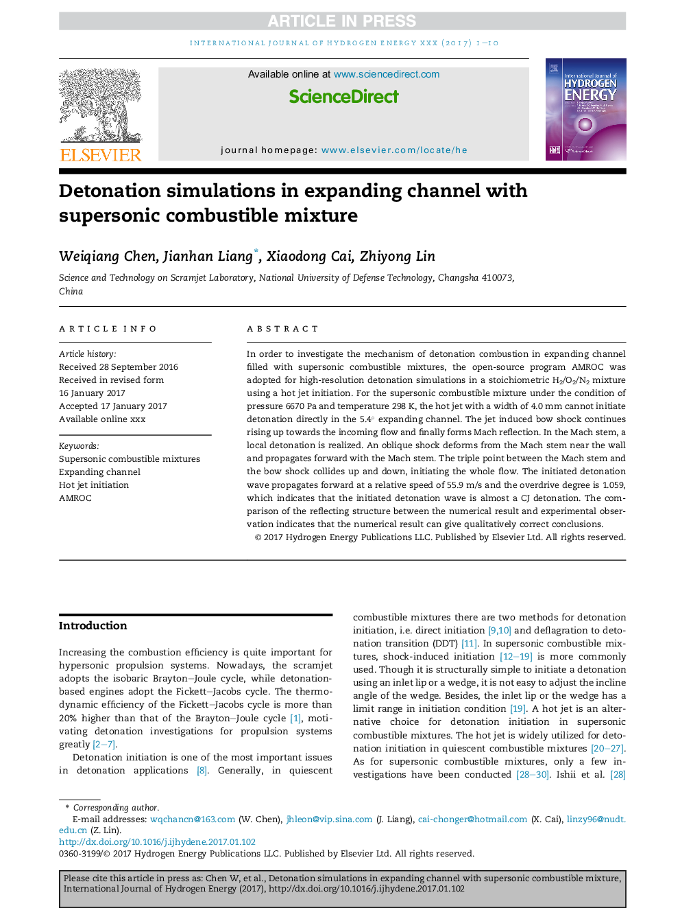 Detonation simulations in expanding channel with supersonic combustible mixture