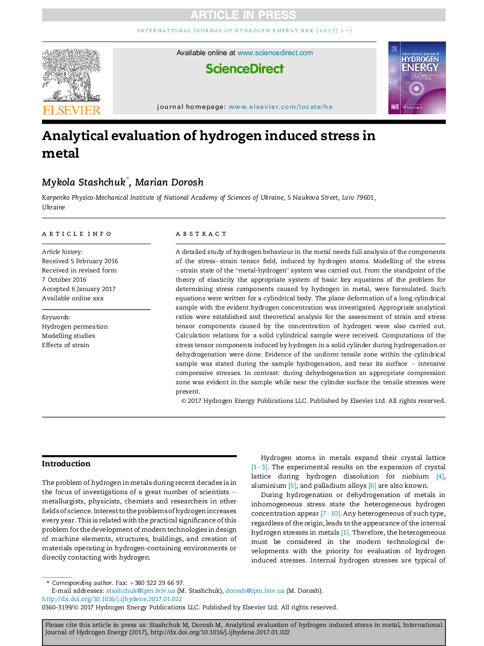 Analytical evaluation of hydrogen induced stress in metal