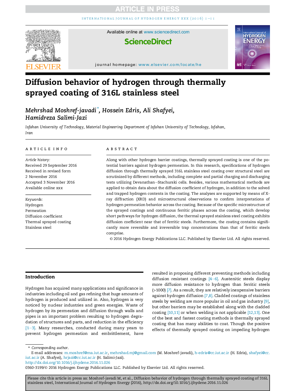 Diffusion behavior of hydrogen through thermally sprayed coating of 316L stainless steel