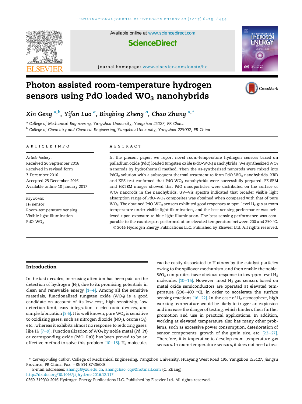 Photon assisted room-temperature hydrogen sensors using PdO loaded WO3 nanohybrids