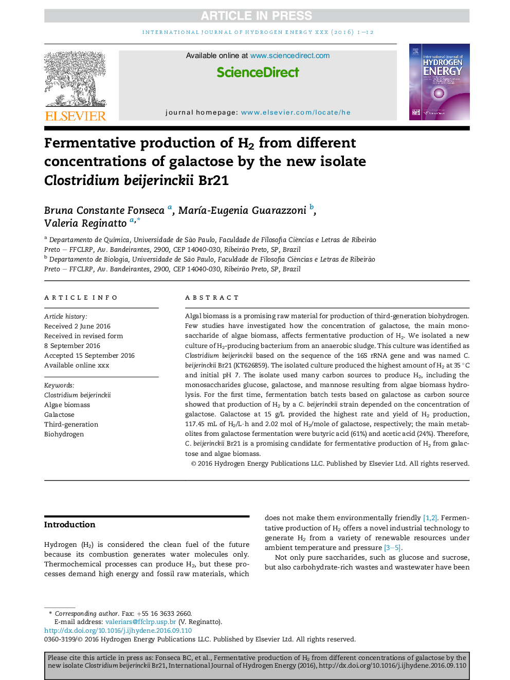 Fermentative production of H2 from different concentrations of galactose by the new isolate Clostridium beijerinckii Br21