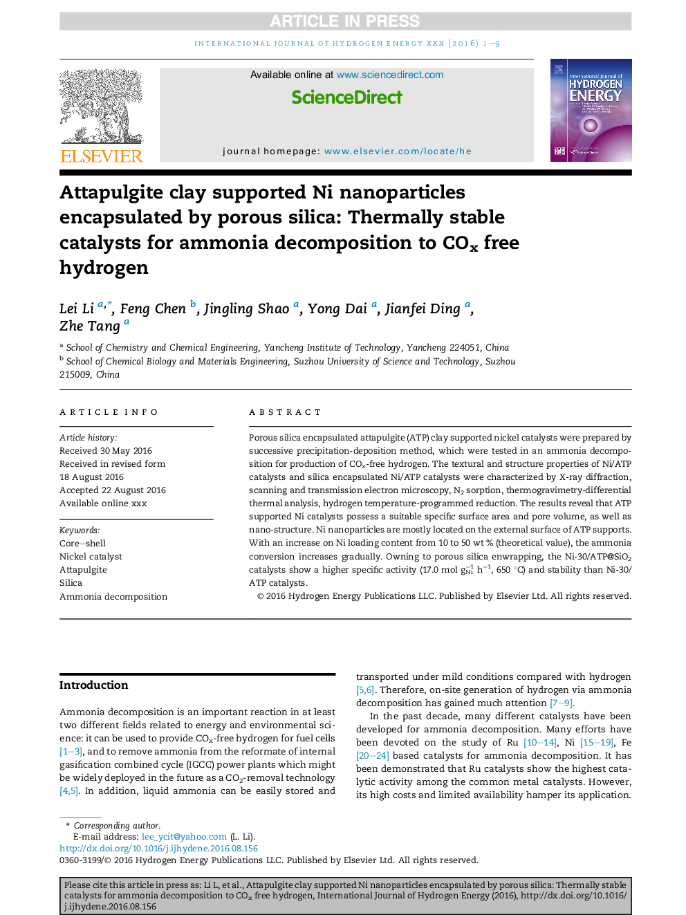 Attapulgite clay supported Ni nanoparticles encapsulated by porous silica: Thermally stable catalysts for ammonia decomposition to COx free hydrogen