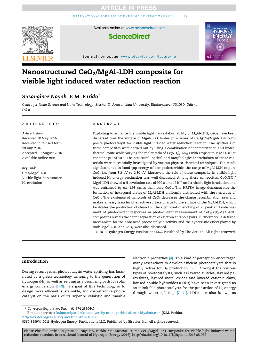 Nanostructured CeO2/MgAl-LDH composite for visible light induced water reduction reaction