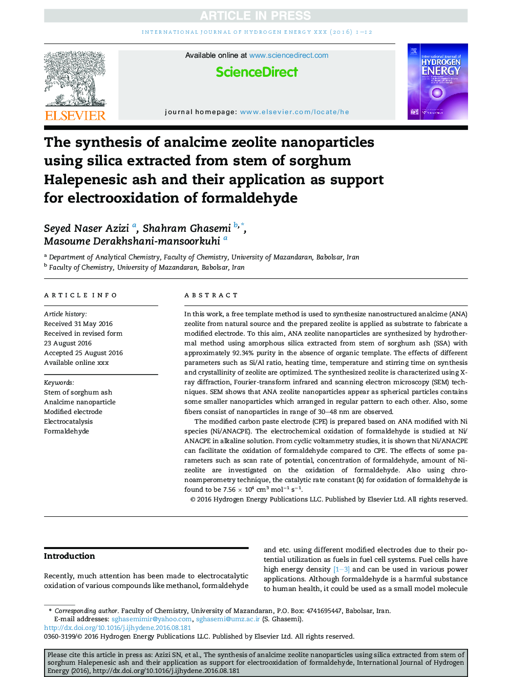 The synthesis of analcime zeolite nanoparticles using silica extracted from stem of sorghum Halepenesic ash and their application as support for electrooxidation of formaldehyde