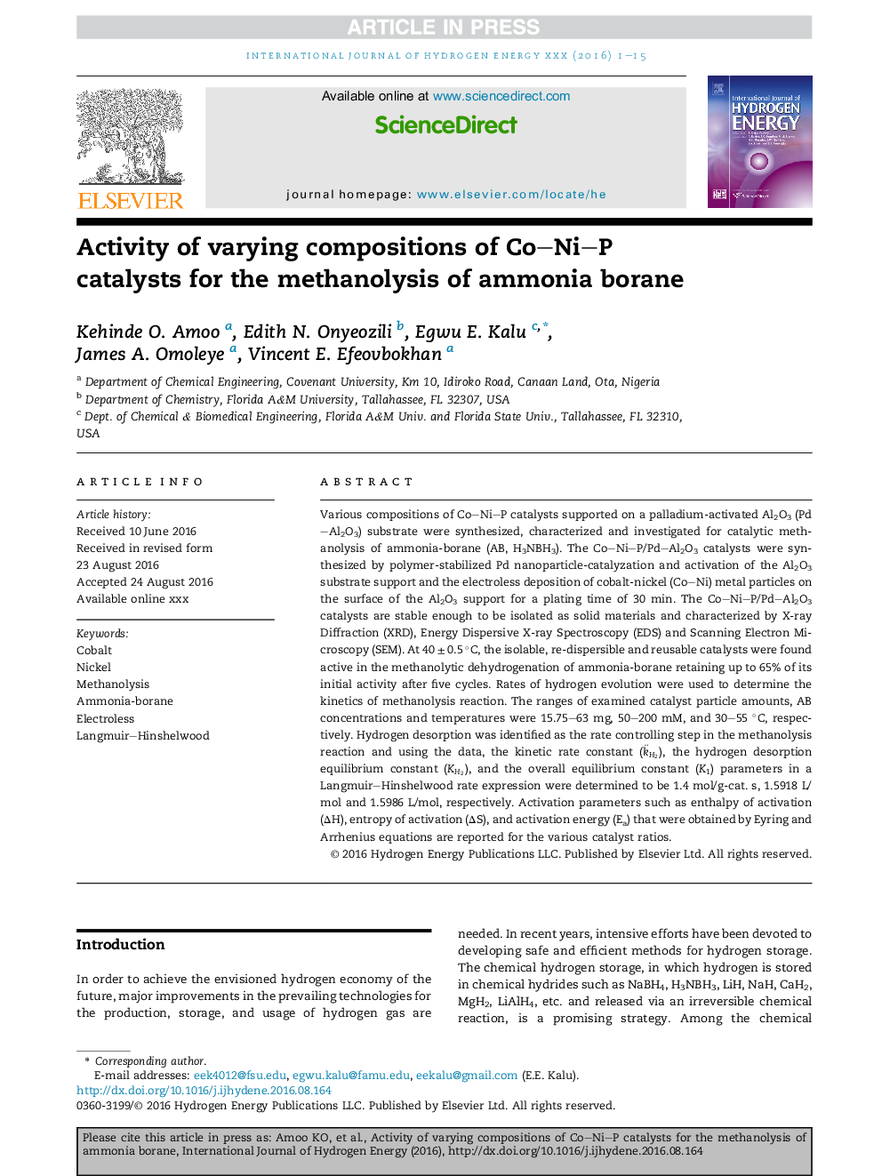 Activity of varying compositions of Co-Ni-P catalysts for the methanolysis of ammonia borane