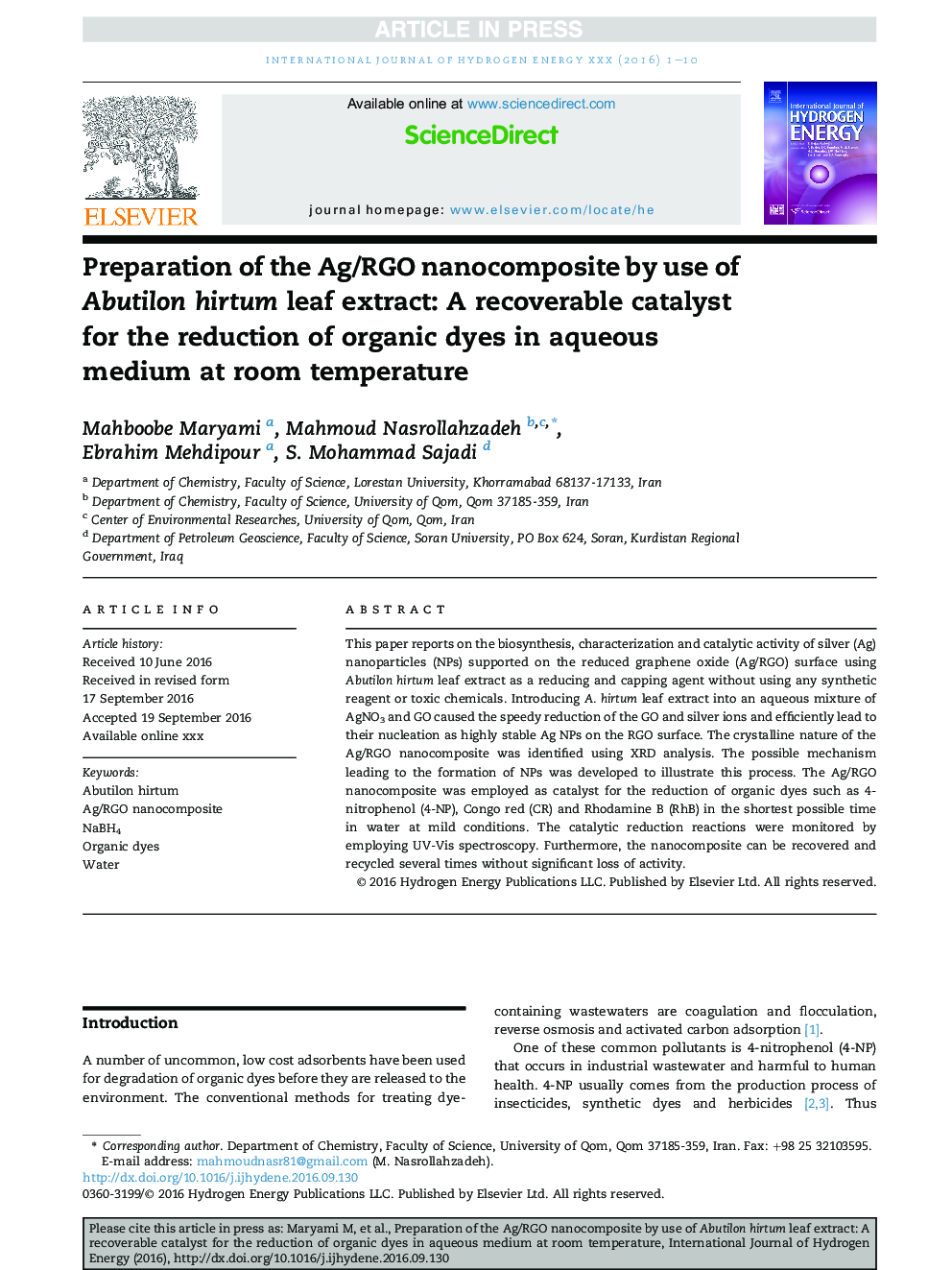 Preparation of the Ag/RGO nanocomposite by use of Abutilon hirtum leaf extract: A recoverable catalyst for the reduction of organic dyes in aqueous medium at room temperature