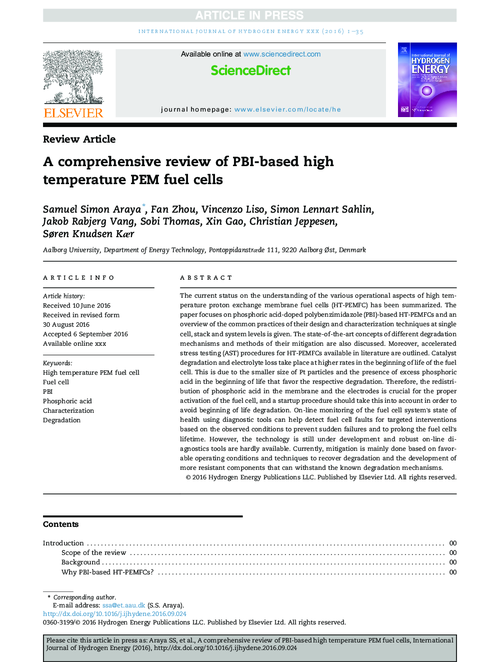 A comprehensive review of PBI-based high temperature PEM fuel cells