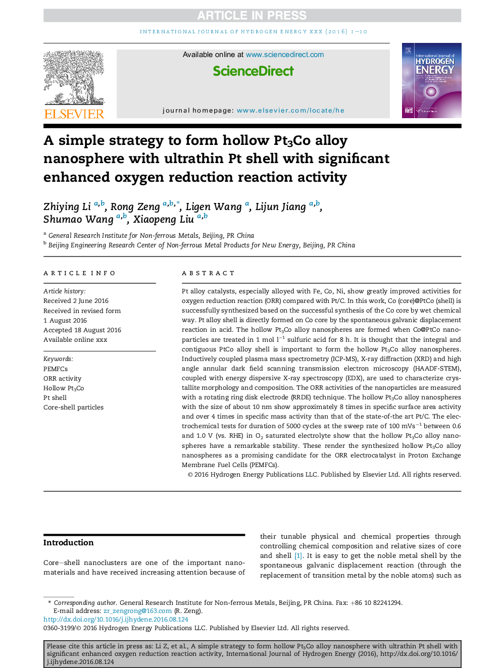 A simple strategy to form hollow Pt3Co alloy nanosphere with ultrathin Pt shell with significant enhanced oxygen reduction reaction activity