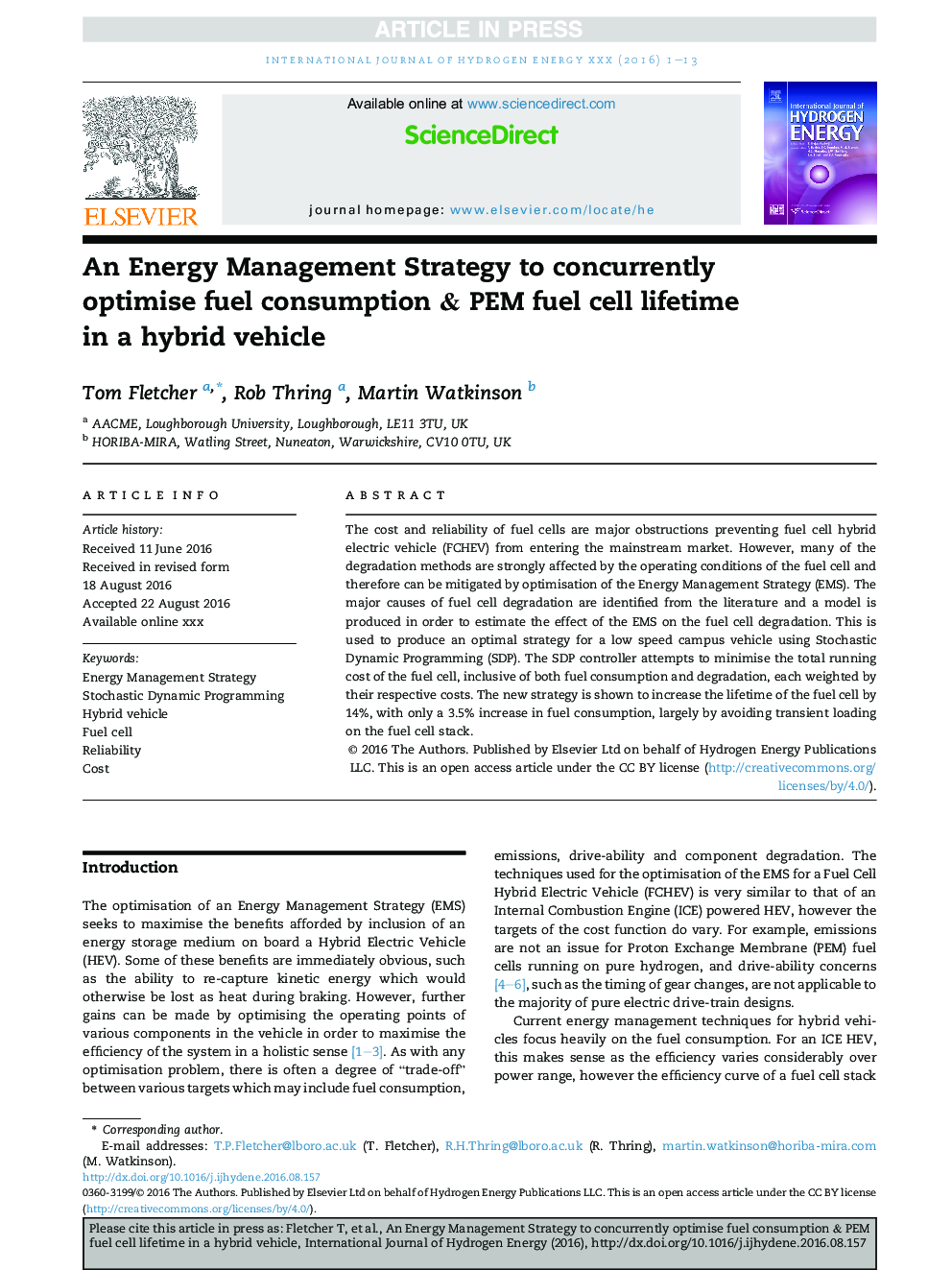 An Energy Management Strategy to concurrently optimise fuel consumption & PEM fuel cell lifetime in a hybrid vehicle