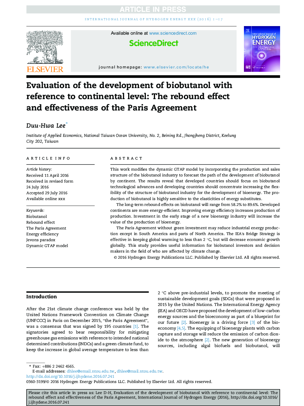 Evaluation of the development of biobutanol with reference to continental level: The rebound effect and effectiveness of the Paris Agreement