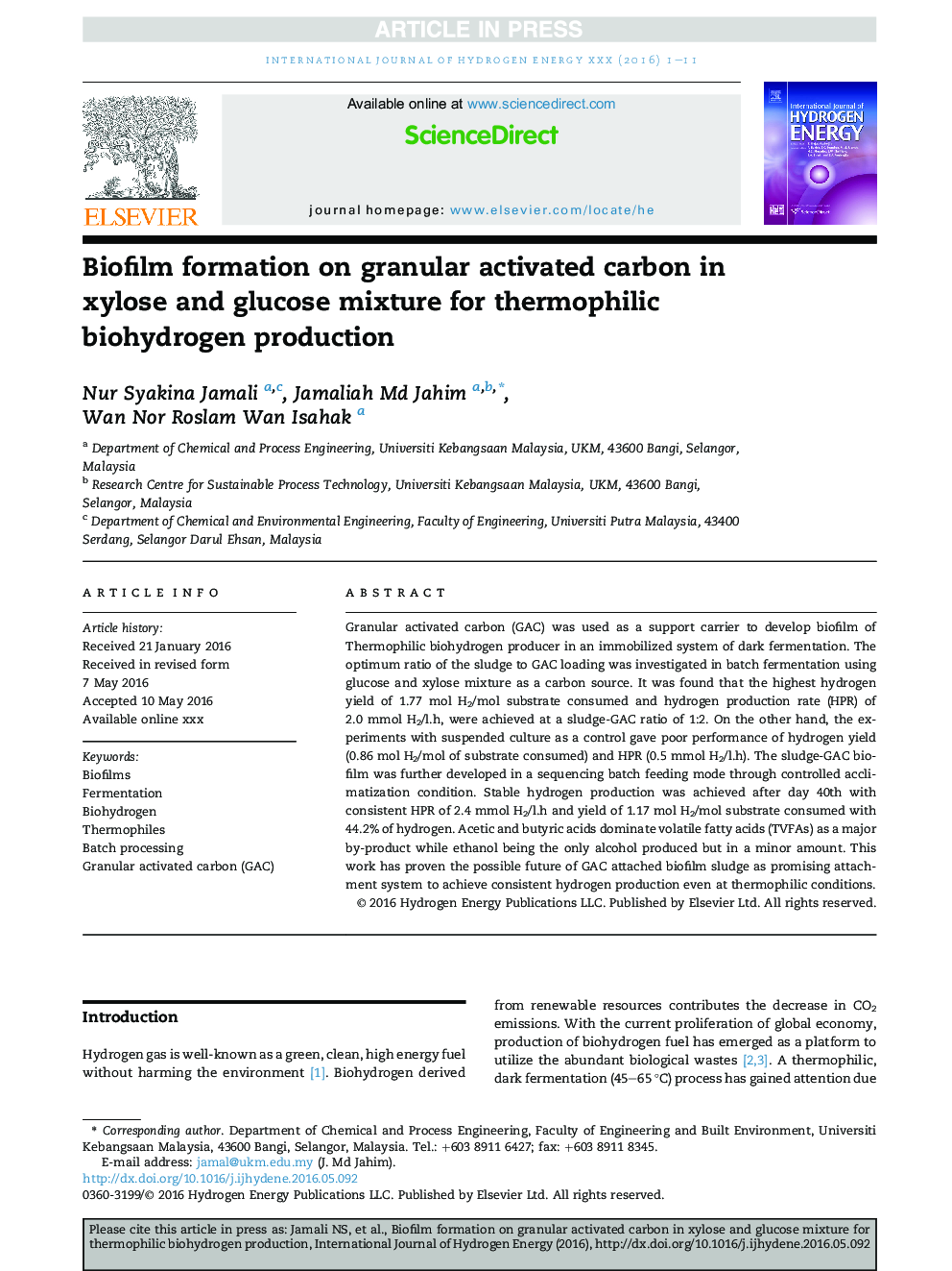 Biofilm formation on granular activated carbon in xylose and glucose mixture for thermophilic biohydrogen production