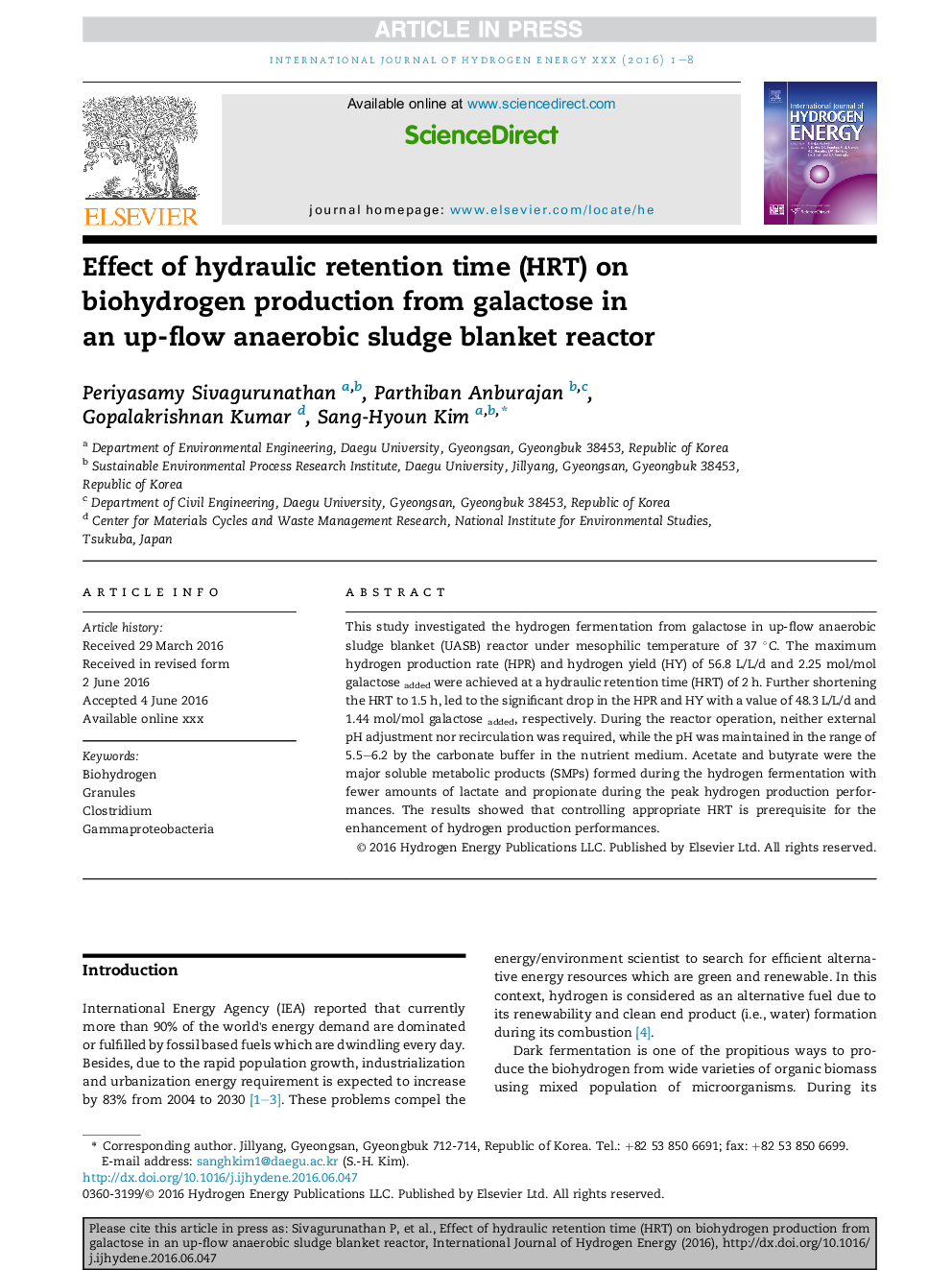 Effect of hydraulic retention time (HRT) on biohydrogen production from galactose in an up-flow anaerobic sludge blanket reactor