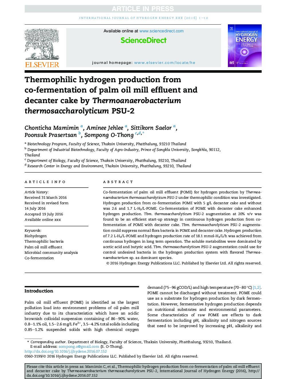 Thermophilic hydrogen production from co-fermentation of palm oil mill effluent and decanter cake by Thermoanaerobacterium thermosaccharolyticum PSU-2