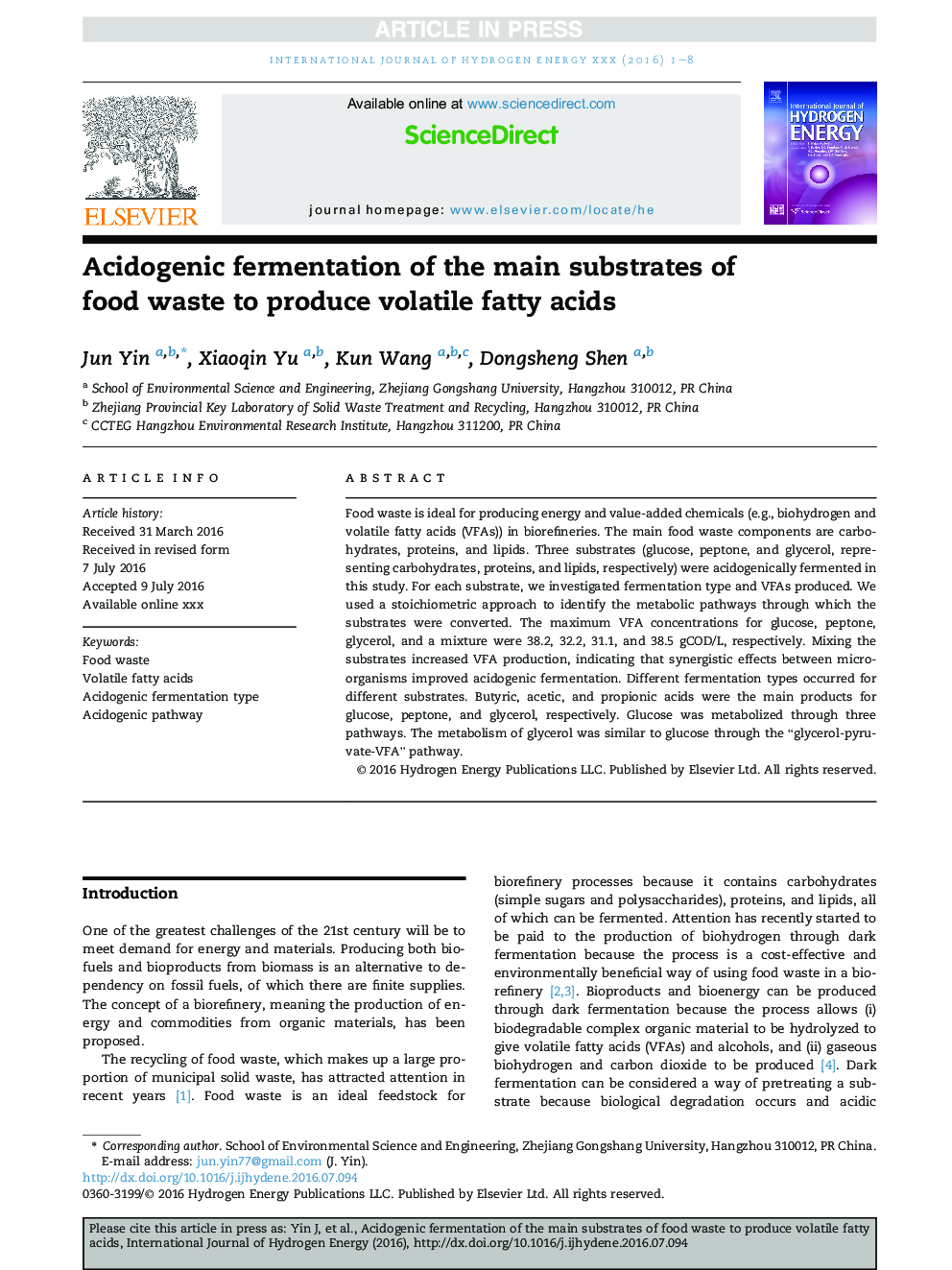 Acidogenic fermentation of the main substrates of food waste to produce volatile fatty acids