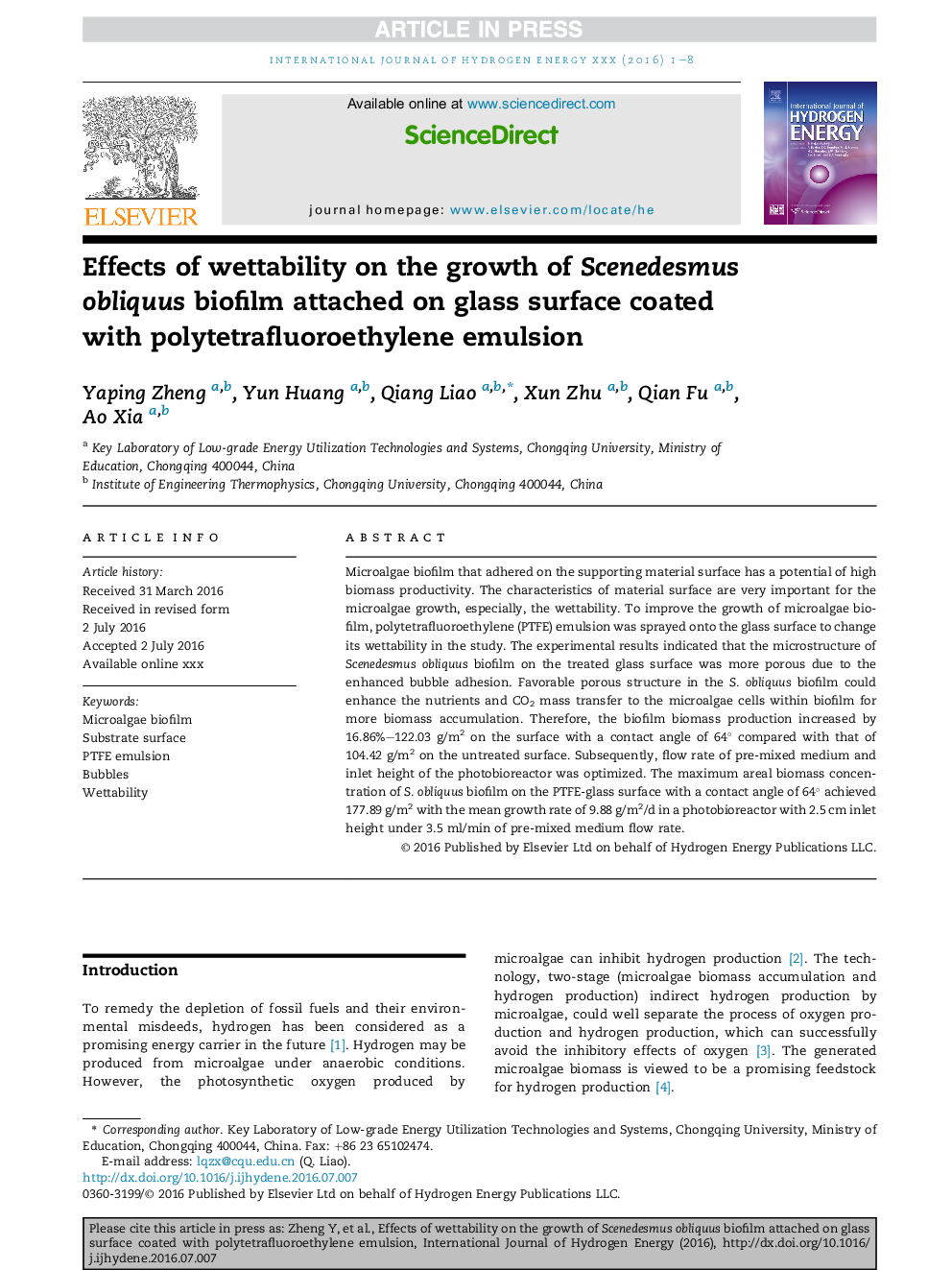 Effects of wettability on the growth of Scenedesmus obliquus biofilm attached on glass surface coated with polytetrafluoroethylene emulsion