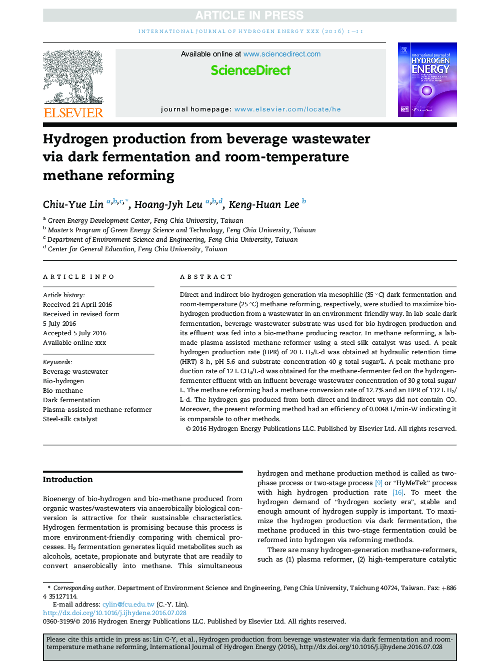 Hydrogen production from beverage wastewater via dark fermentation and room-temperature methane reforming