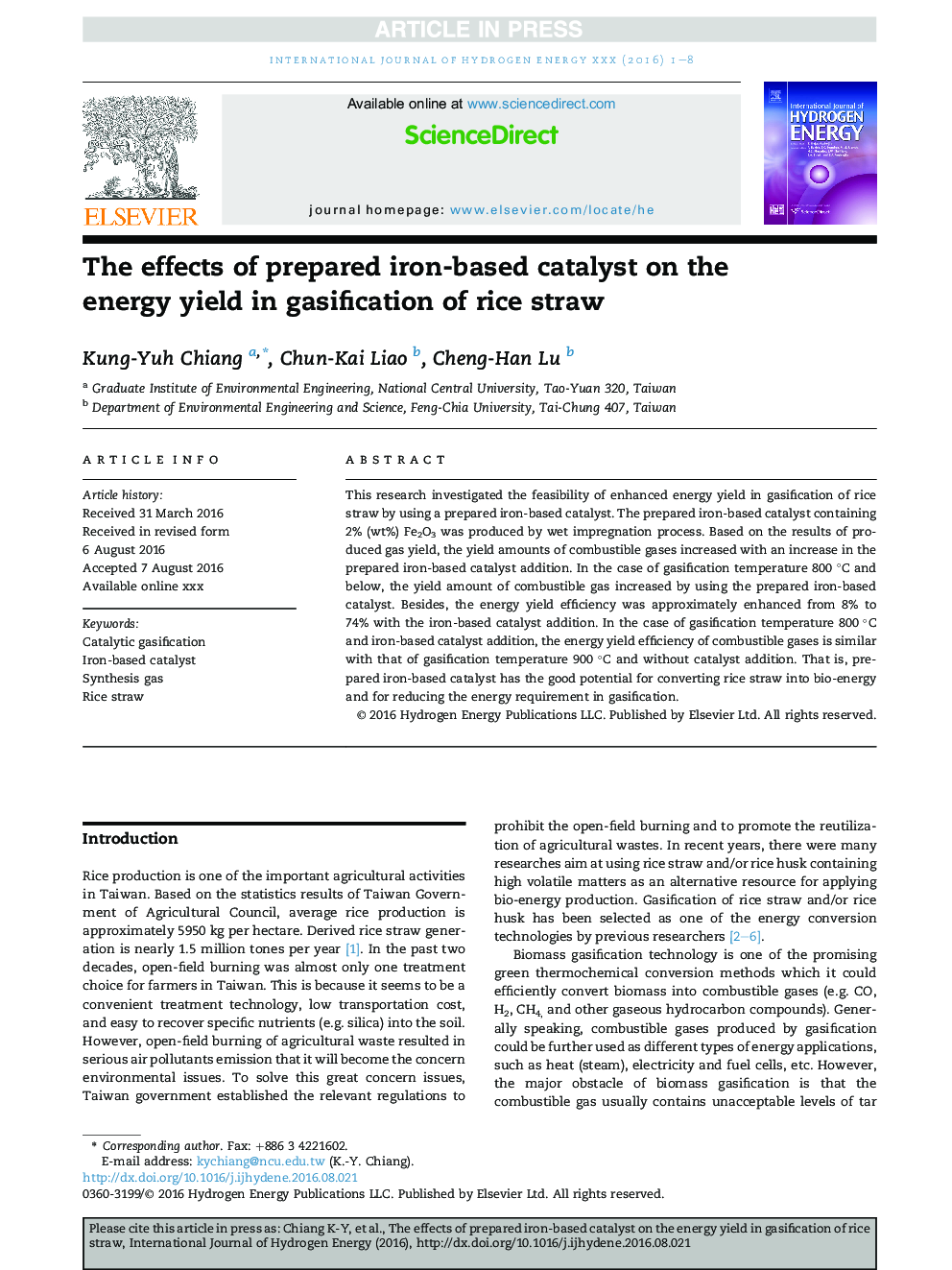 The effects of prepared iron-based catalyst on the energy yield in gasification of rice straw