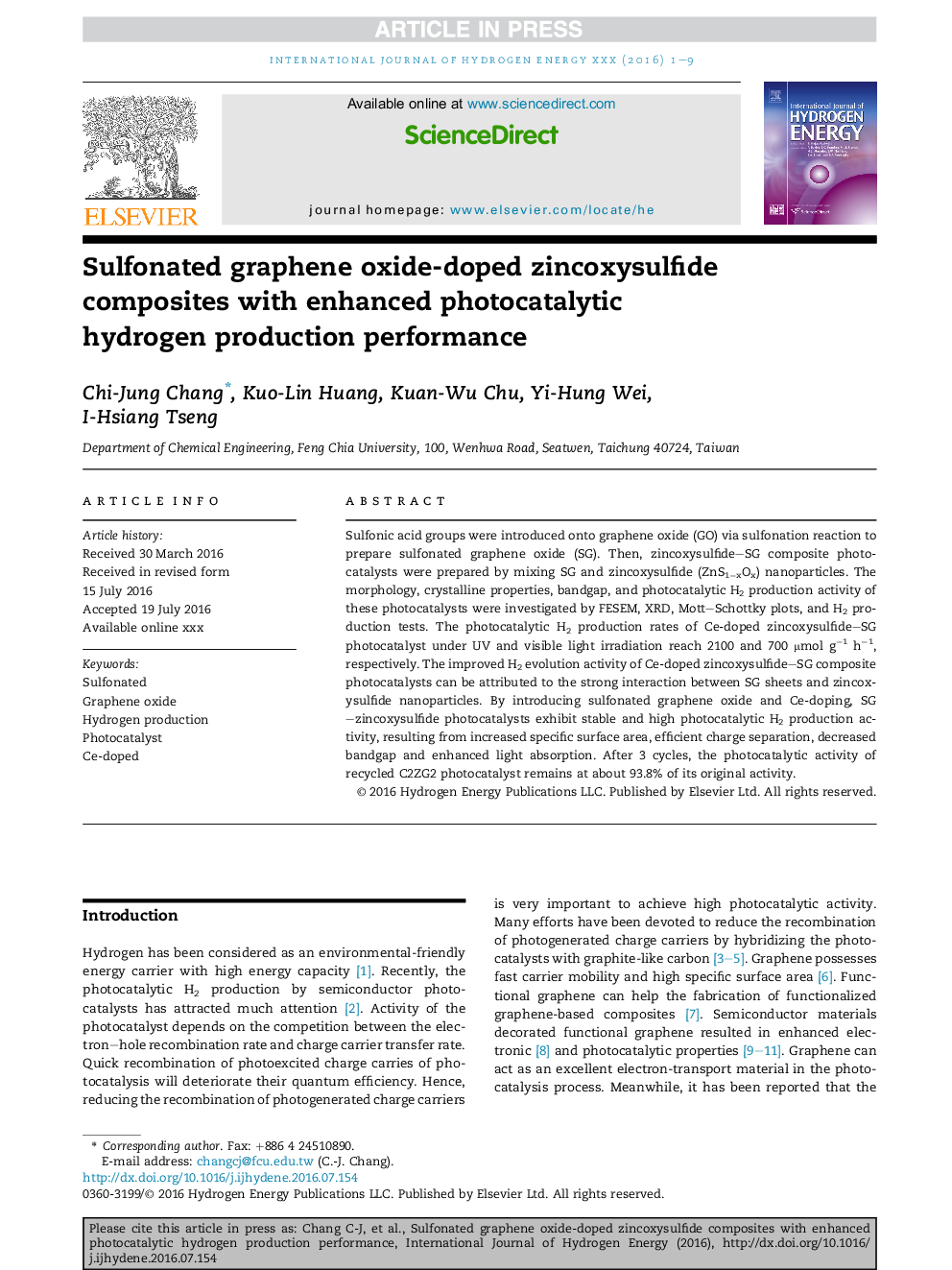 Sulfonated graphene oxide-doped zincoxysulfide composites with enhanced photocatalytic hydrogen production performance