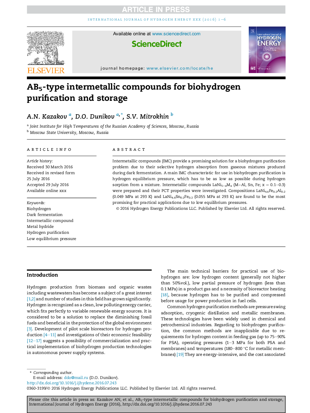 AB5-type intermetallic compounds for biohydrogen purification and storage