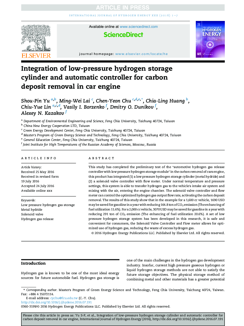 Integration of low-pressure hydrogen storage cylinder and automatic controller for carbon deposit removal in car engine