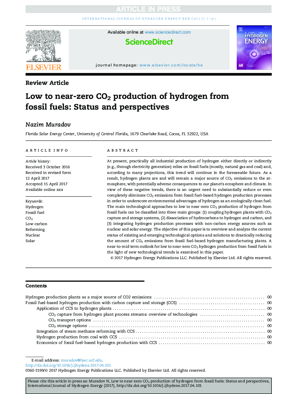 Low to near-zero CO2 production of hydrogen from fossil fuels: Status and perspectives