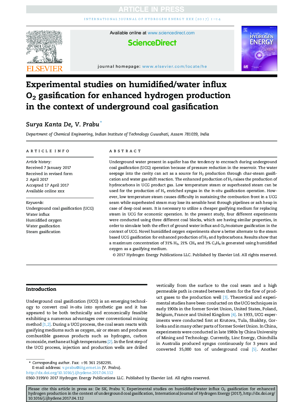 Experimental studies on humidified/water influx O2 gasification for enhanced hydrogen production in the context of underground coal gasification