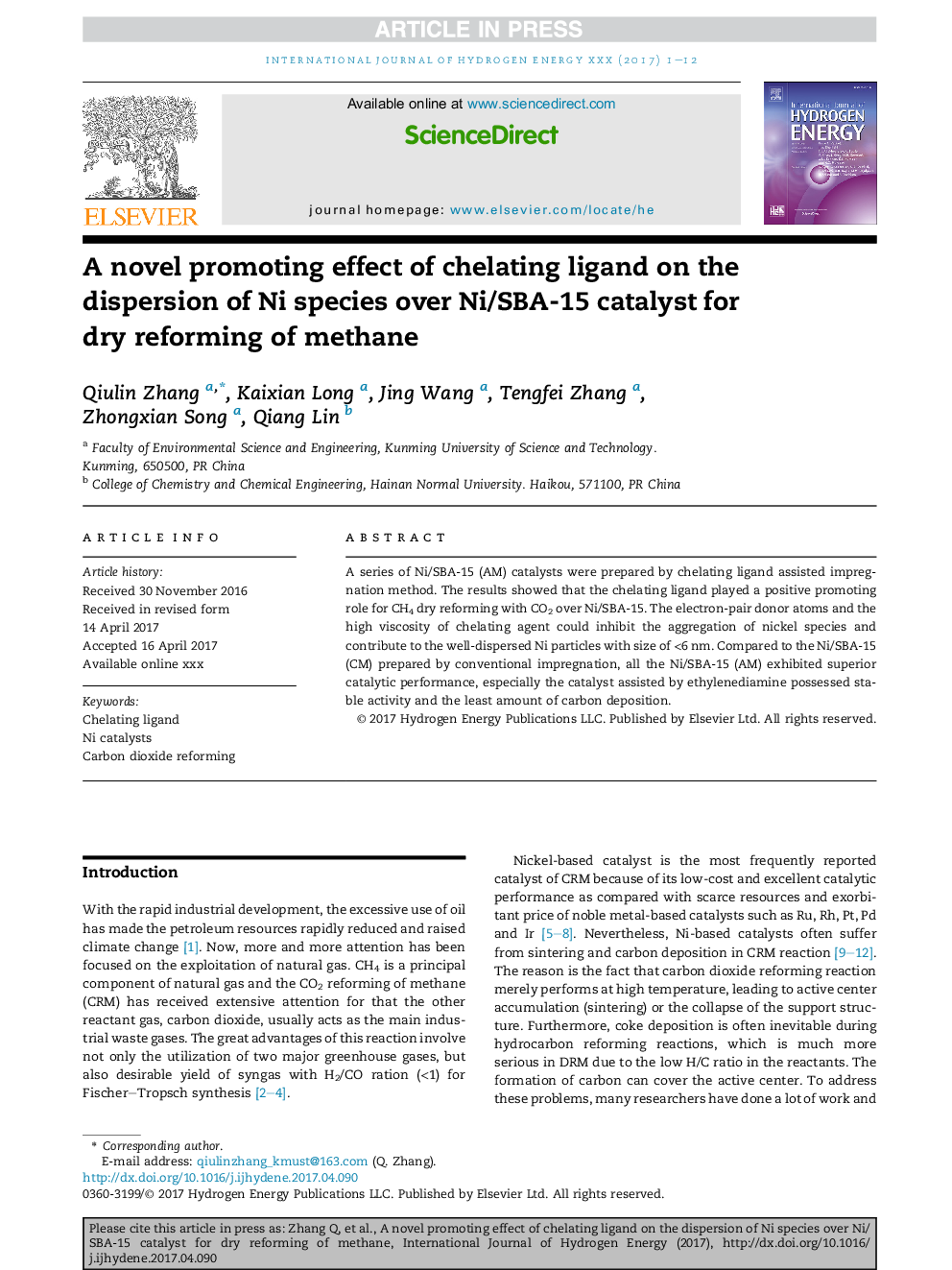 A novel promoting effect of chelating ligand on the dispersion of Ni species over Ni/SBA-15 catalyst for dry reforming of methane