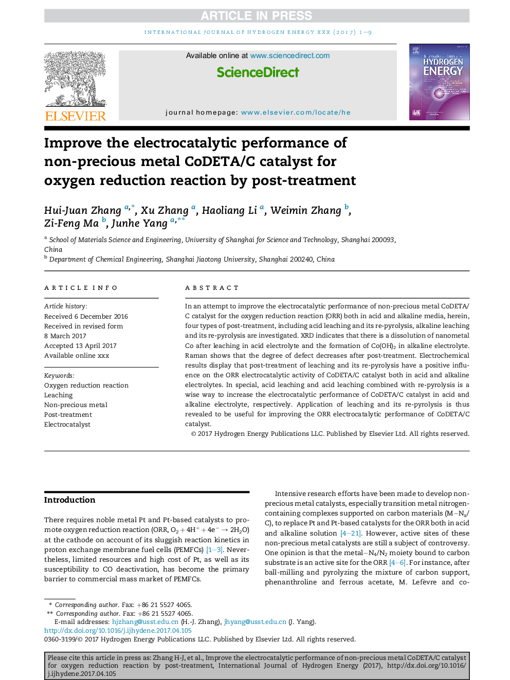 Improve the electrocatalytic performance of non-precious metal CoDETA/C catalyst for oxygen reduction reaction by post-treatment