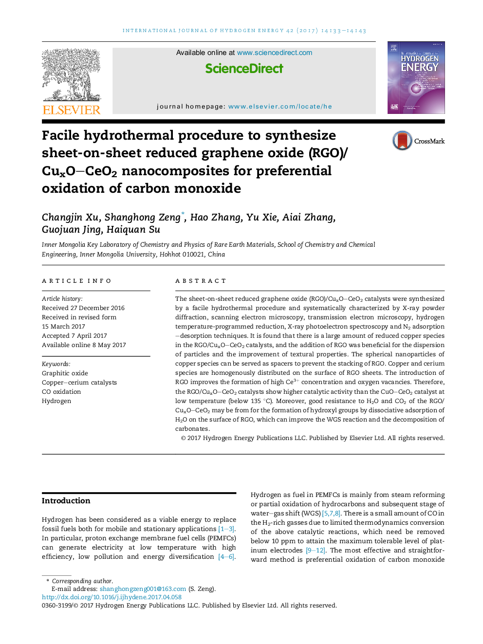 Facile hydrothermal procedure to synthesize sheet-on-sheet reduced graphene oxide (RGO)/CuxOCeO2 nanocomposites for preferential oxidation of carbon monoxide