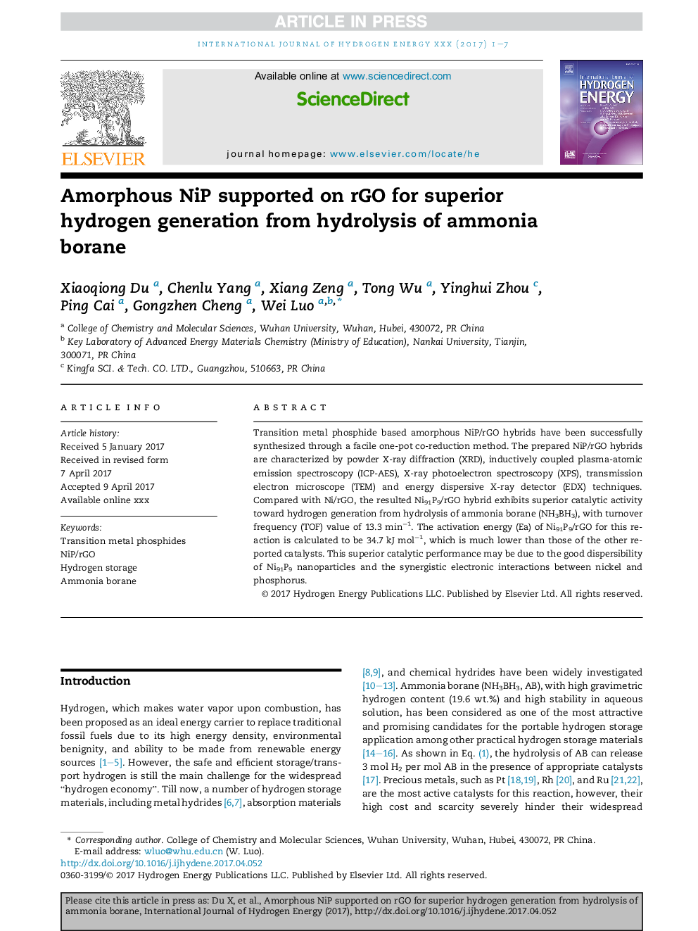 Amorphous NiP supported on rGO for superior hydrogen generation from hydrolysis of ammonia borane