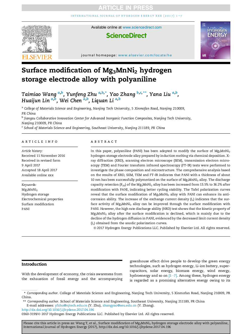 Surface modification of Mg3MnNi2 hydrogen storage electrode alloy with polyaniline