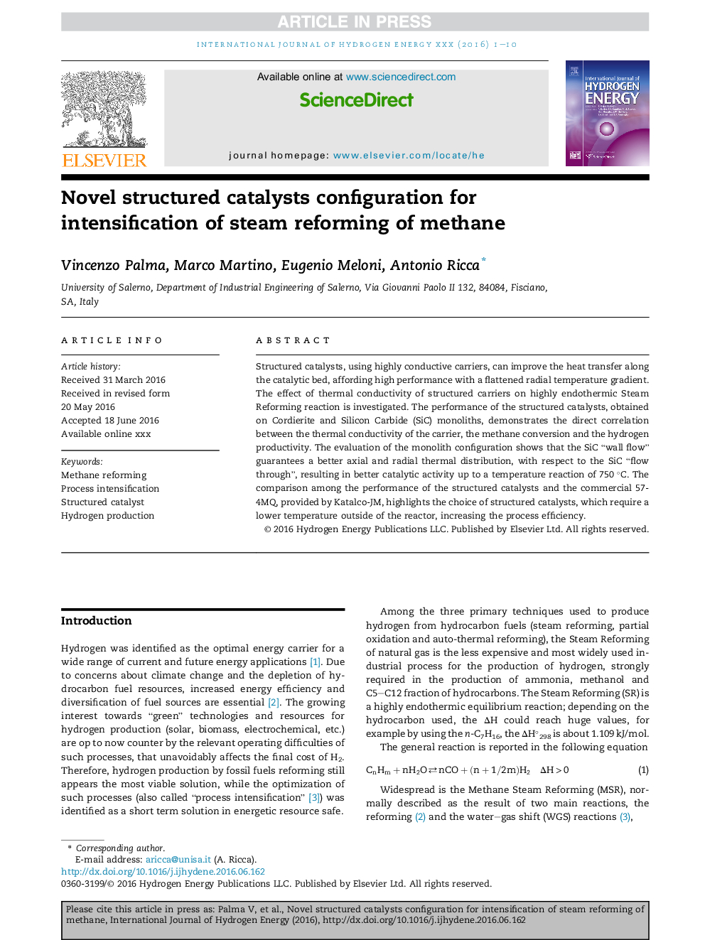 Novel structured catalysts configuration for intensification of steam reforming of methane