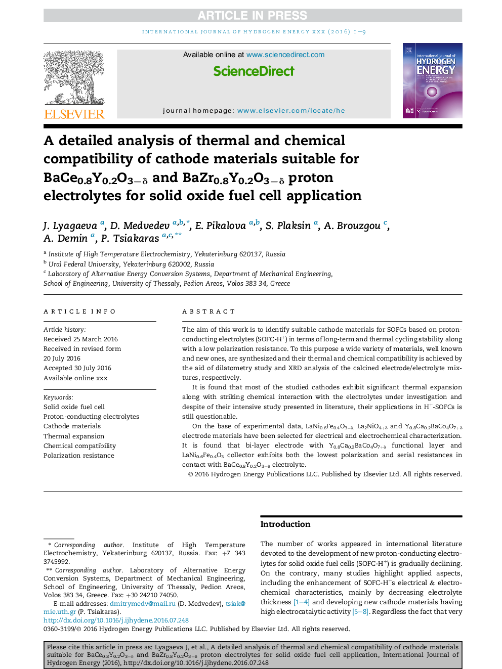 A detailed analysis of thermal and chemical compatibility of cathode materials suitable for BaCe0.8Y0.2O3âÎ´ and BaZr0.8Y0.2O3âÎ´ proton electrolytes for solid oxide fuel cell application