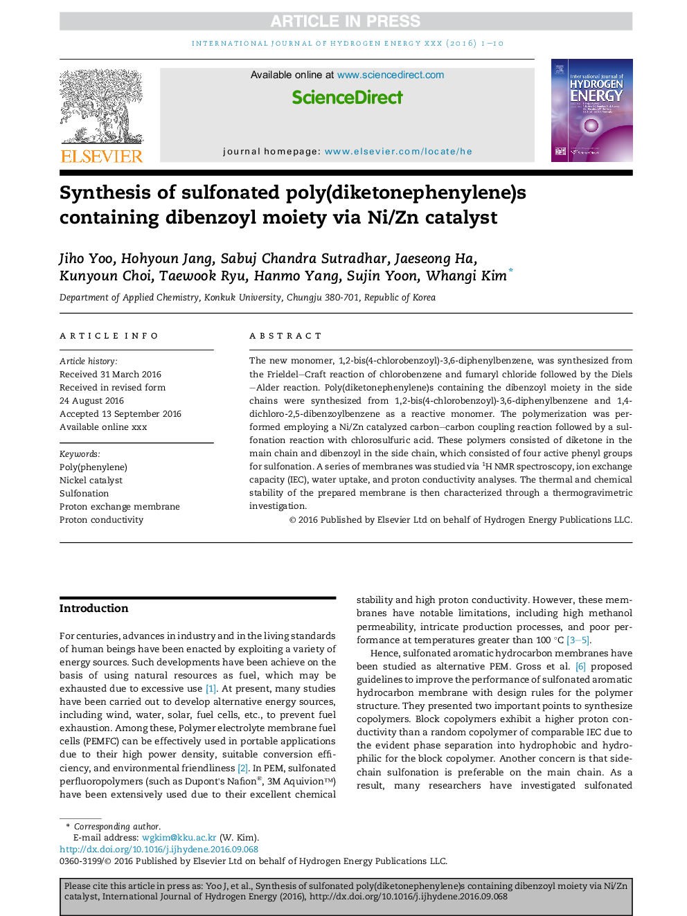 Synthesis of sulfonated poly(diketonephenylene)s containing dibenzoyl moiety via Ni/Zn catalyst