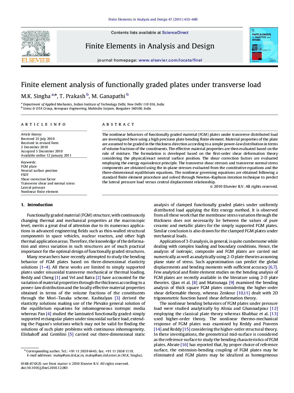 Finite element analysis of functionally graded plates under transverse load