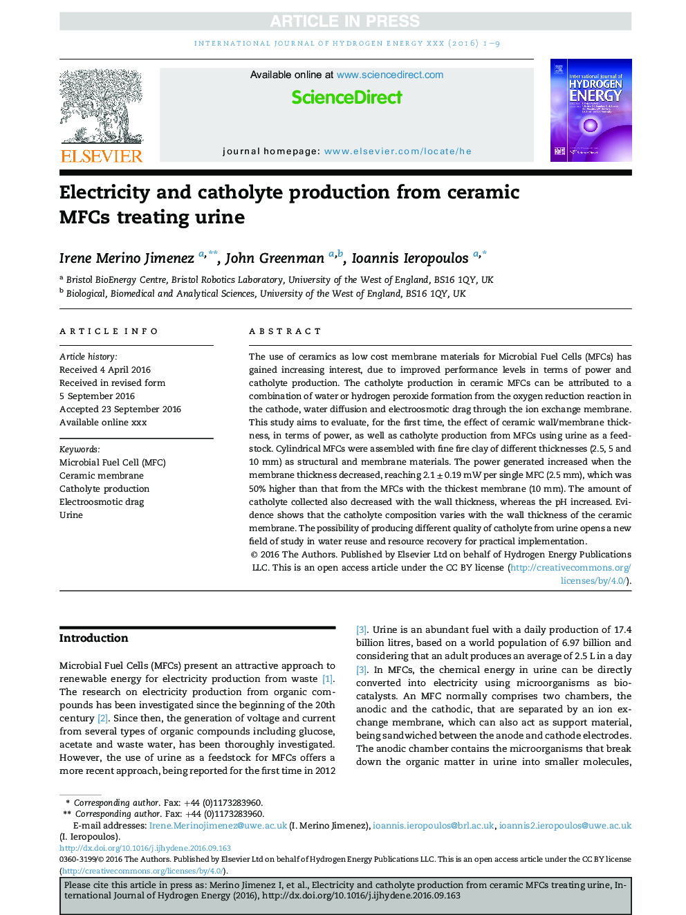 Electricity and catholyte production from ceramic MFCs treating urine