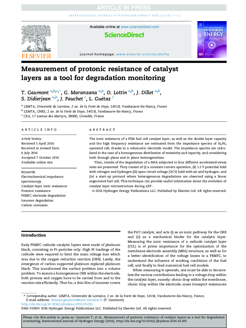 Measurement of protonic resistance of catalyst layers as a tool for degradation monitoring